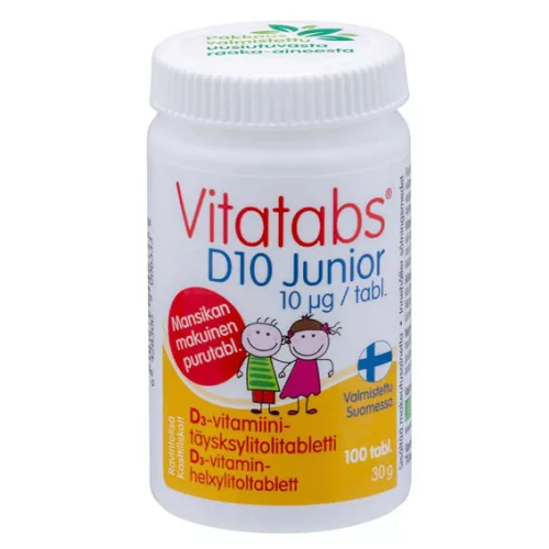 Vitatabs D10 Junior – таблетка с витамином D3 и полностью ксилитовой основой, 100 шт. 