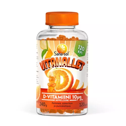 Sana-sol Vitanallet D-Vitamiini Appelsiini 10 µg 120 kpl - Päiväys 12/2026