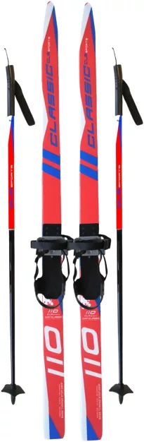 Детский лыжный комплект CLR Sports 110 смЛыжи с традиционным сцеплением, прочными креплениями, армированными металлом, и палками из стекловолокна с пластиковым карманом безопасности. 
