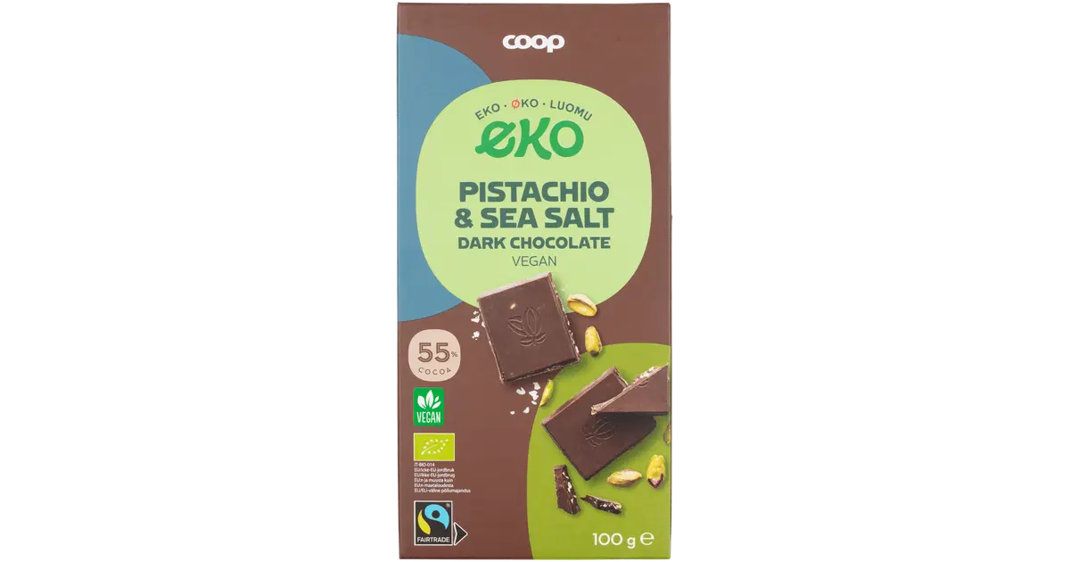 Coop Eko tumma suklaa 55 % pistaasi ja merisuola 100 g